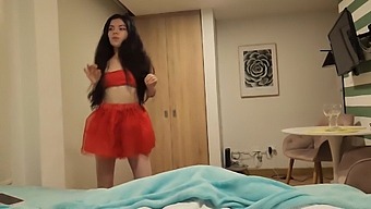 Stunning Lady In A Red Skirt And Without Panties Desires Intense Christmas Gift Sex